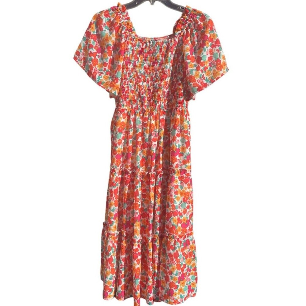 Lillusory Tiered Floral Dress Smocking Sweet Feminine Boho Flowy Coral Pink S